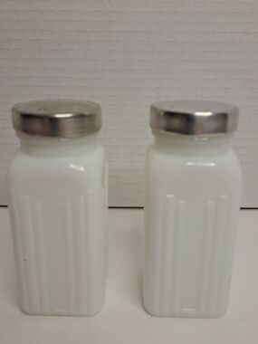 Milk Glass Spice Containers possibly made by Griffith's Laboratories. Lot of 2